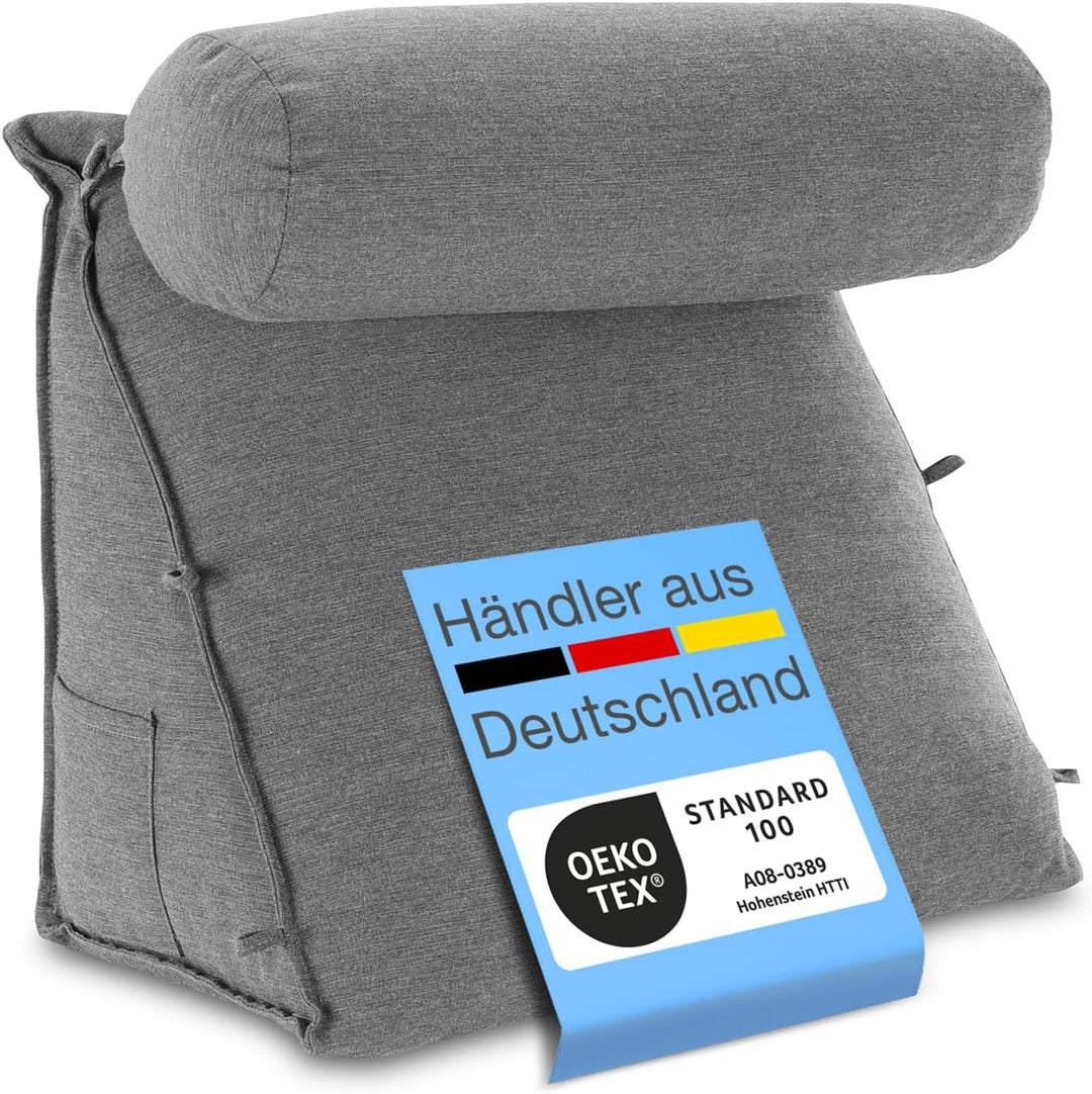 maxVitalis Rückenkissen Bett/Sofa mit Abnehmbarer Nackenrolle und Seitentasche, Rückenstützkissen mi