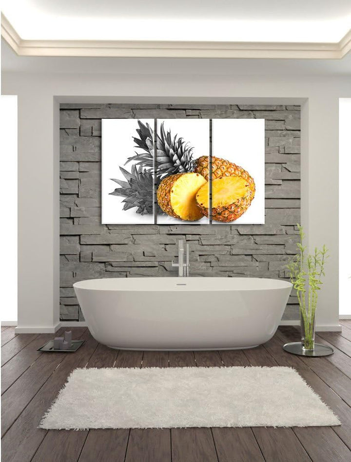 Pixxprint Frische Ananas Schwarz/Weiss 3-Teiler Leinwandbild 120x80 Bild auf Leinwand