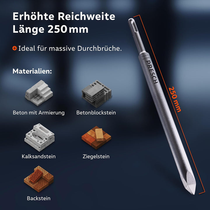 Presch SDS-plus Spitzmeissel - Extrem robuste, langlebige Spitze - Für alle Durchbrucharbeiten (250m