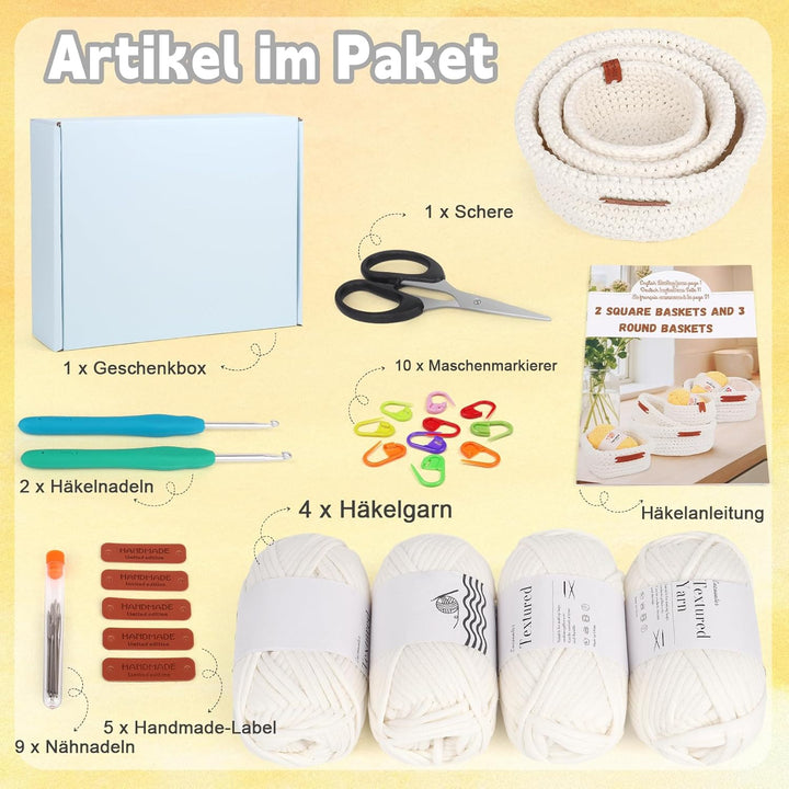 Coopay Häkelset für Anfänger, 3 Grössen Rund Körbe Häkelset mit Häkelnadel 4,0+4,5mm, Anleitung, 5mm