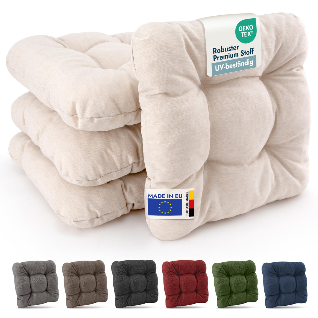 Beautissu 4er Set Premium Stuhlkissen 40x40 cm Natur – UV-beständig &amp; Robust Sitzkissen Outdoor 8 cm