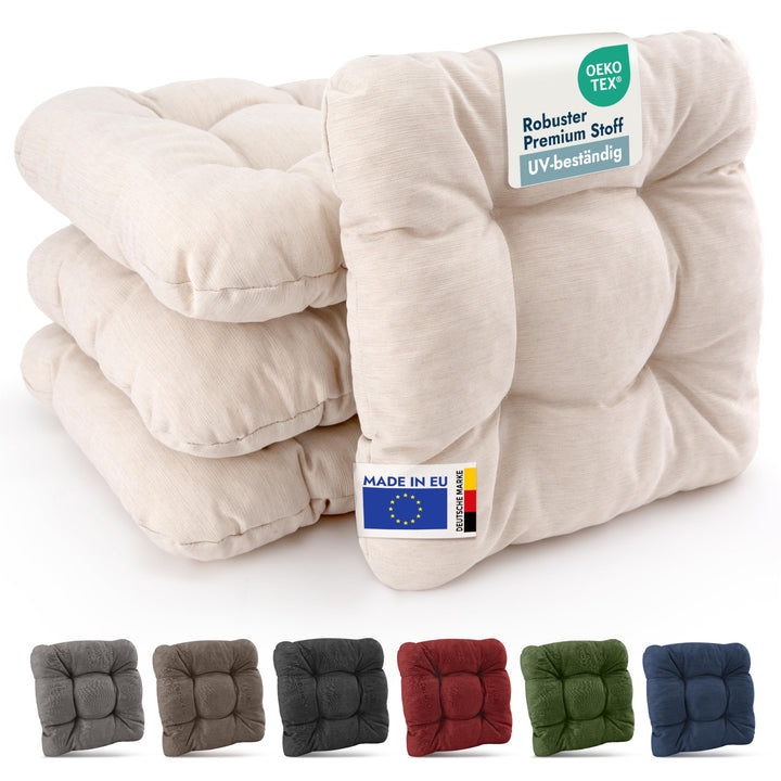 Beautissu 4er Set Premium Stuhlkissen 40x40 cm Natur – UV-beständig &amp; Robust Sitzkissen Outdoor 8 cm