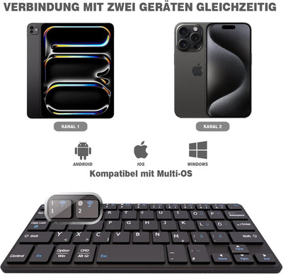 Doohoeek Kabellose Tastatur für Tablets mit 360° drehbarem Ständer, Dual-Bluetooth-Tastatur, kompati