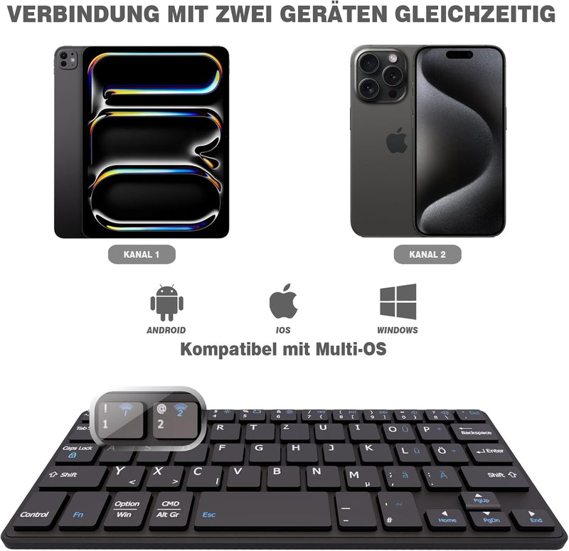 Doohoeek Kabellose Tastatur für Tablets mit 360° drehbarem Ständer, Dual-Bluetooth-Tastatur, kompati