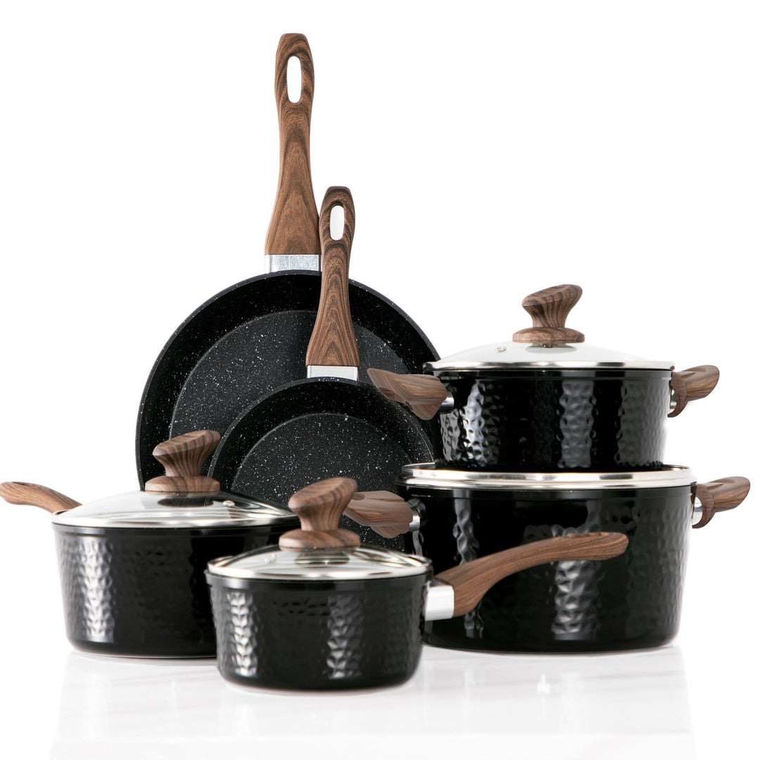 Induktions Töpfe Set 15-teilig, Kochtopf Set mit Glasdeckeln, Granit Töpfe und Pfannen Set Schwarz,