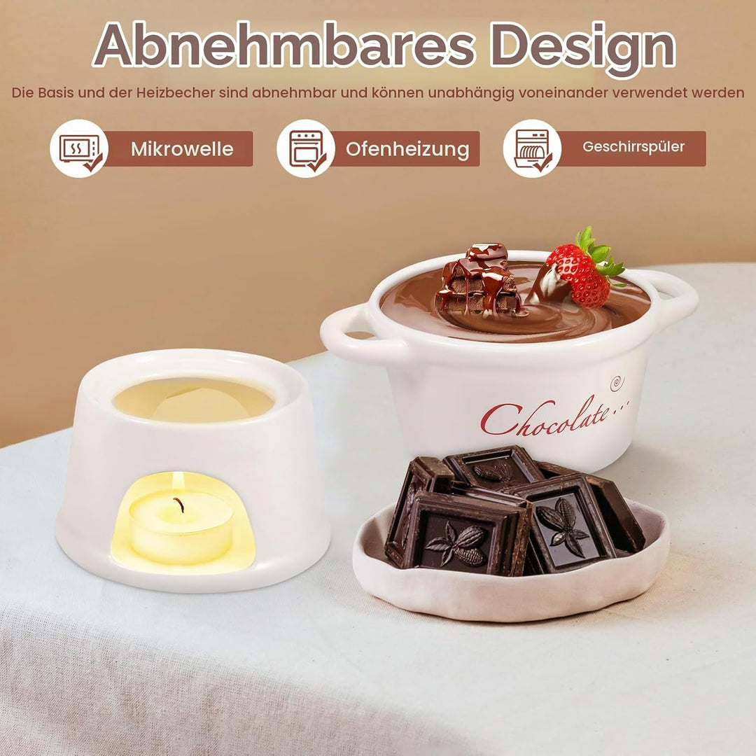 Goshoppers 2 Stück Mini Schokofondue Tasse Käsefondue Set Keramik Schokobecher mit Gabeln Schokolade