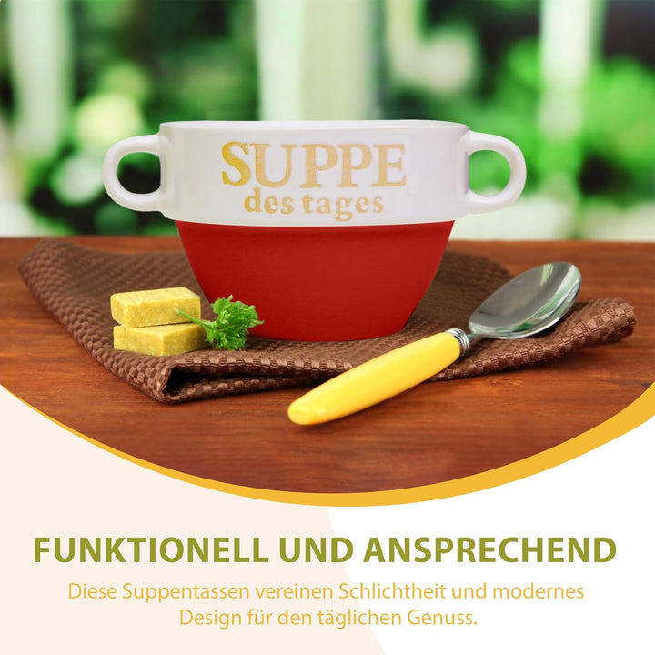 DRULINE 12 Stück Suppentasse aus Keramik mit Schriftzug Suppe des Tages Ø 13 cm Rot 12 Stück Rot, 12