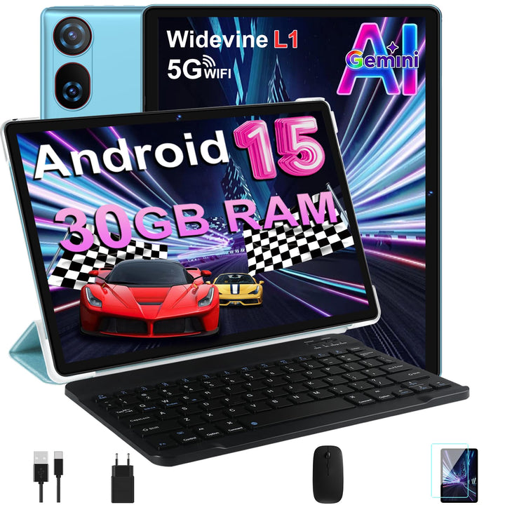 DMOAO Tablet 10 Zoll Android 15 mit Tastatur, Gemini AI, 30GB RAM + 64GB ROM (2TB Erweiterung), 5G W