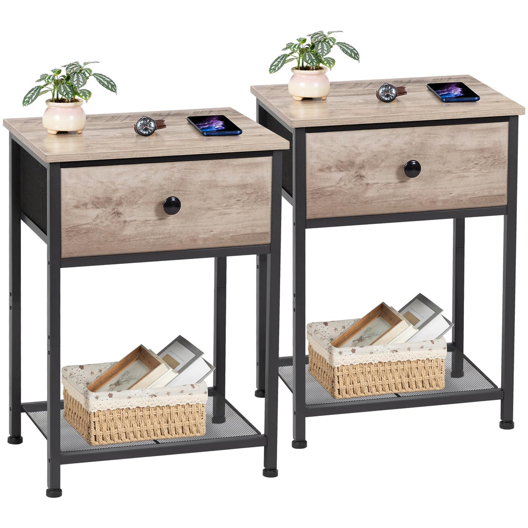 AMHANCIBLE Nachttisch 2er Set, Beistelltisch mit Stoffschubladen, Nachtkommode mit 2 Ablagen, Nachts