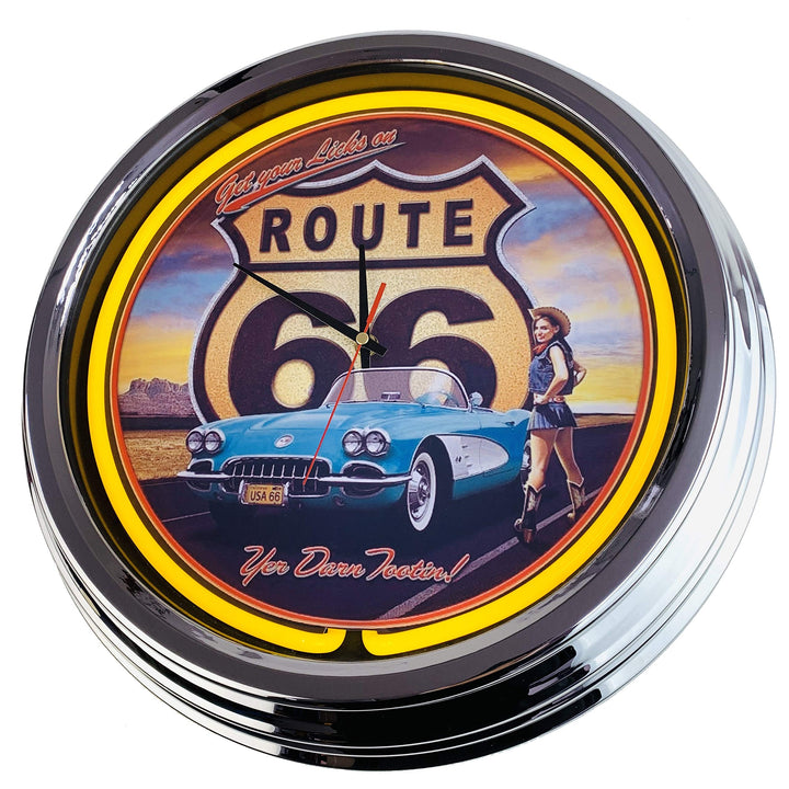 Neon Clock Route 66" WallClock Deko-Clock LeuchtClock USA 50&