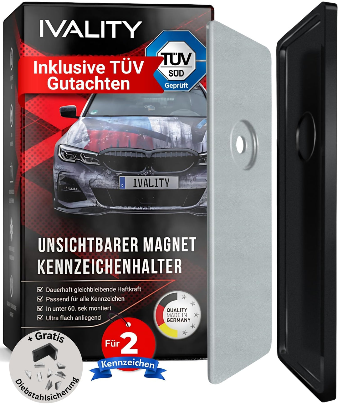 IVALITY Magnetischer Kennzeichen-Halter - Rahmenlose Nummernschild-Halterung für 2X Alu-Kennzeichen