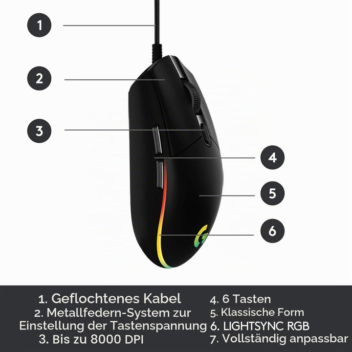 Logitech Gaming Mouse G102 LIGHTSYNC Maus für Rechtshänder, Optisch, 6 Tasten, kabelgebunden, USB, s