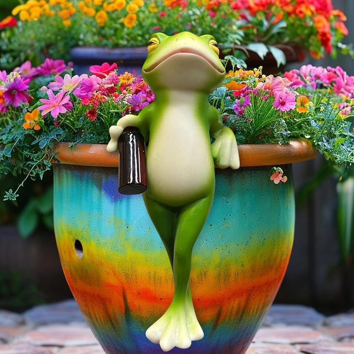 DZAY 3 Stück Blumentopf Hänger Frösche Deko Figuren mit Weinglas,Frosch Deko Frösche Tiere Harz Stat