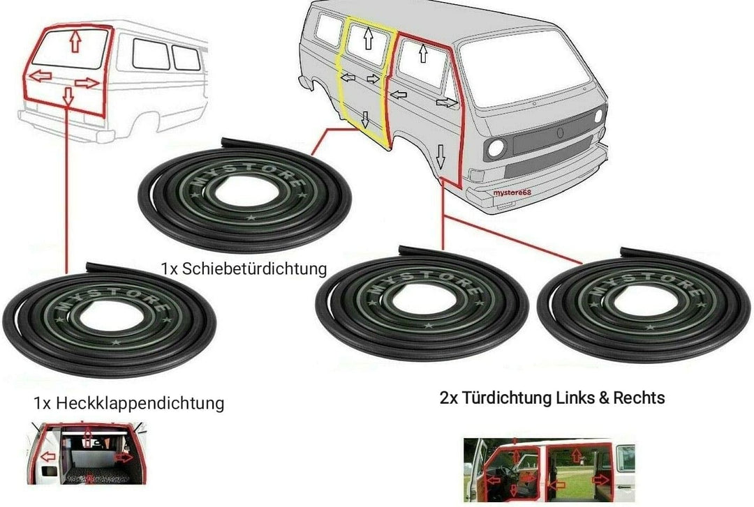 4x Gummidichtung Kompatibel mit V.W. T2 T3 Schiebetürdichtung + Heckklappendichtung + 2x Türdichtung