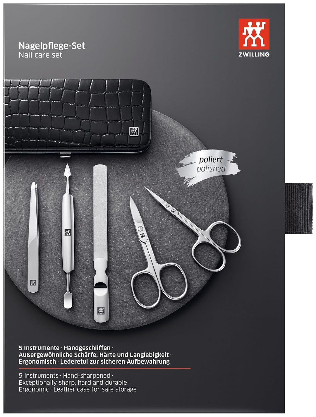 ZWILLING Maniküre Set Pediküre Kit, Nagelpflege Komplettset, Rindleder, Kroko Edition, 5-teilig,