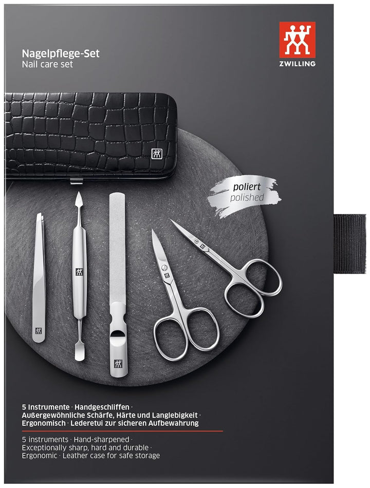 ZWILLING Maniküre Set Pediküre Kit, Nagelpflege Komplettset, Rindleder, Kroko Edition, 5-teilig,