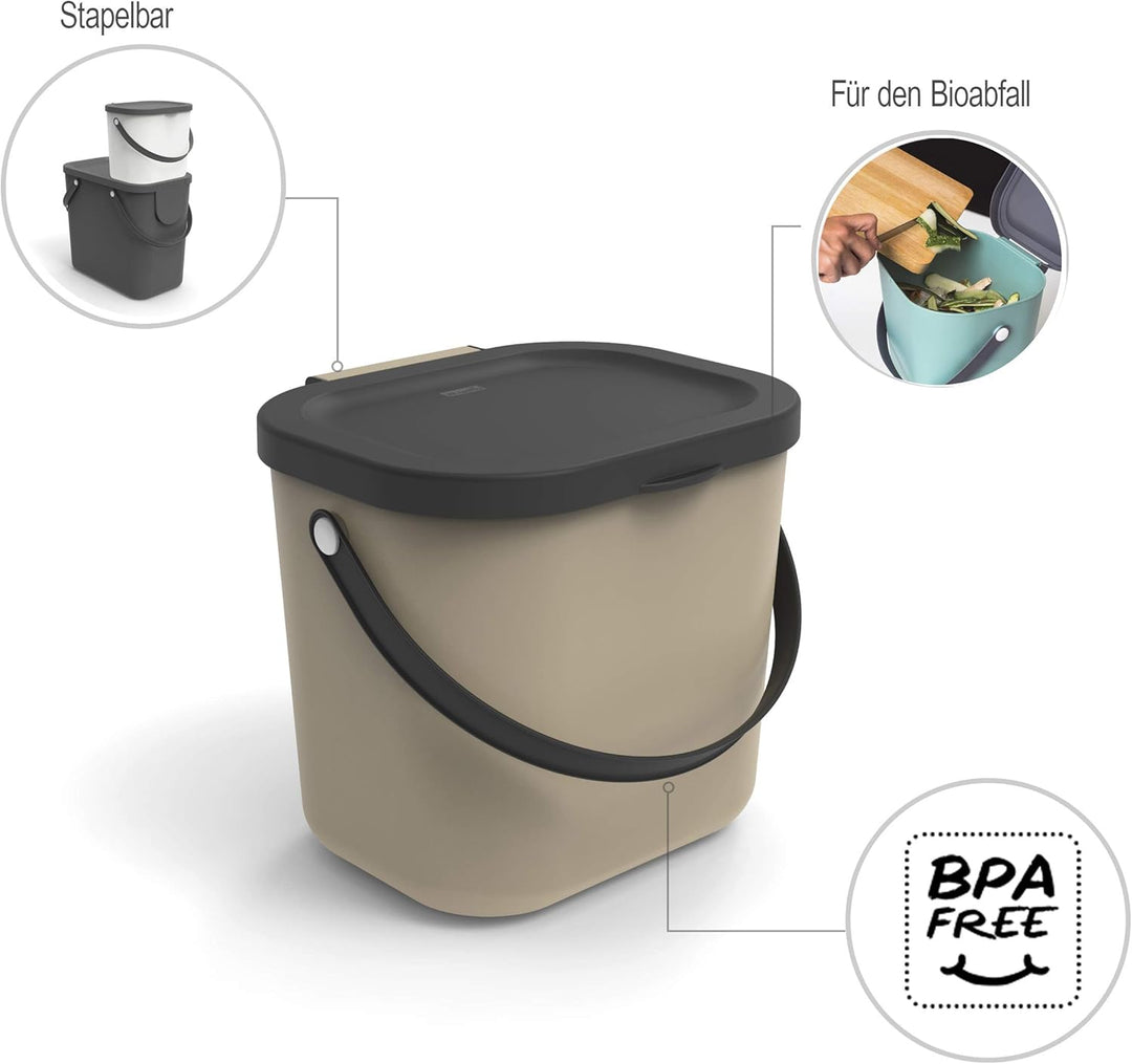 Rotho Albula Biomülleimer 6l mit Deckel und Henkel für die Küche, Kunststoff (PP) BPA-frei, cappucci