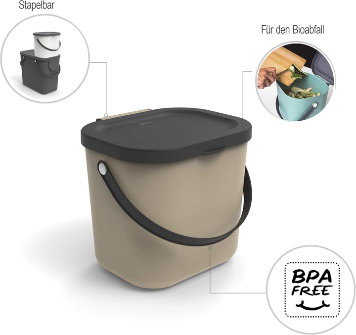 Rotho Albula Biomülleimer 6l mit Deckel und Henkel für die Küche, Kunststoff (PP) BPA-frei, cappucci