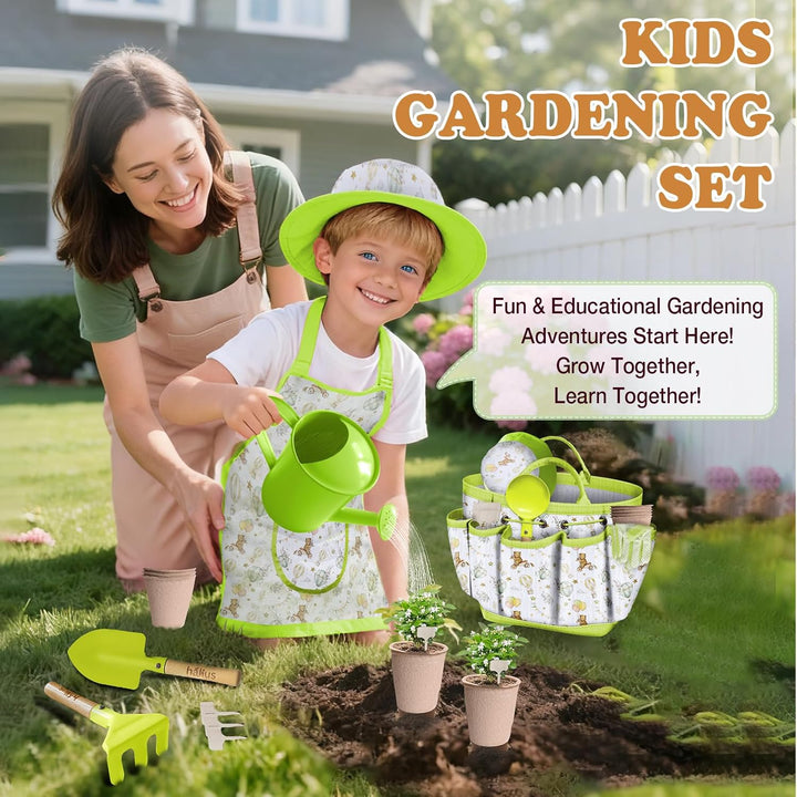 Kinder Gartengeräte Set 18-teilig - Gartenwerkzeug für Kinder inkl. Tragetasche, Giesskanne, Schürze