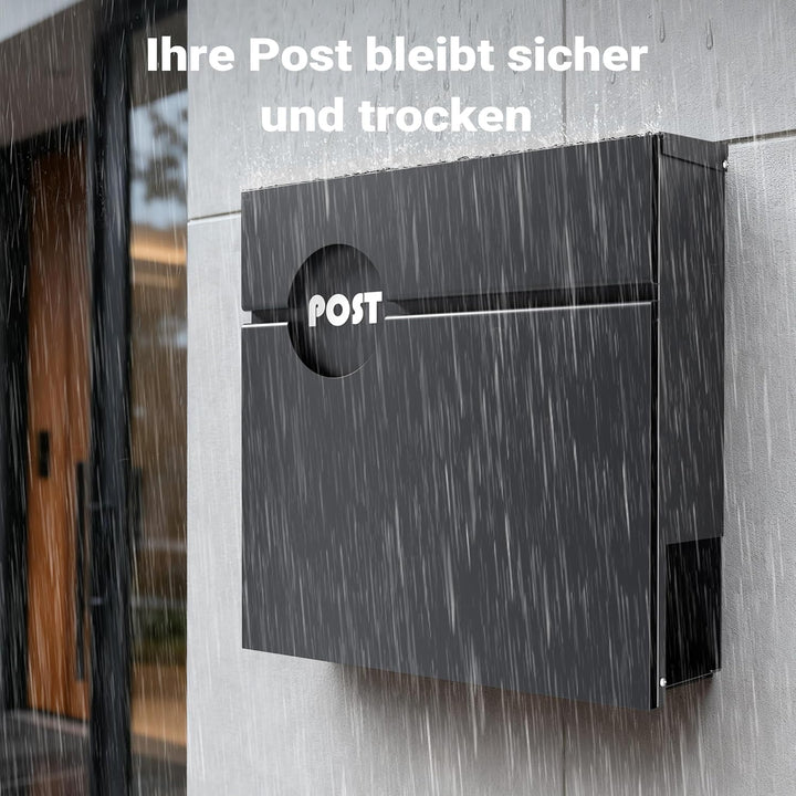 Wiltec Briefkasten Anthrazit V62 aus Stahl 37 x 11 x 37 cm, Wandbriefkasten mit Zeitungsfach und Sch