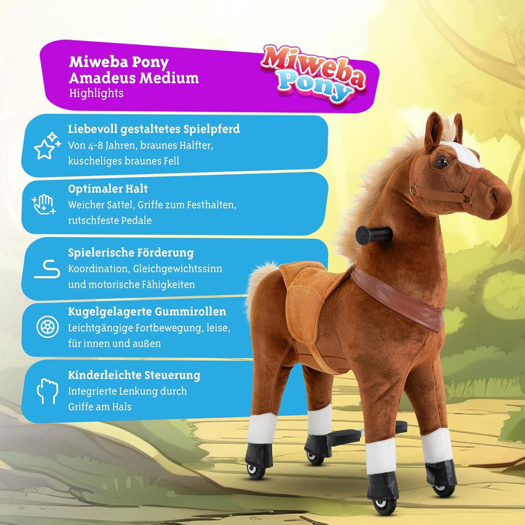 Miweba Pony Amadeus | Reitpferd auf Rollen - Pferd für Kinder - Schaukelpferd - Schaukeltier - Kusch