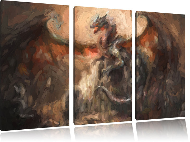 Pixxprint Drache schützend über Burg Pinsel Effekt 3-Teiler Leinwandbild 120x80 Bild auf Leinwand