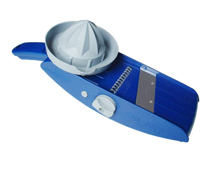 Gemüsehobel TNS 3000 (Deluxe Set in schöner Holzschatulle + Messerschutz + Ersatzmesser) (Hobel Blau
