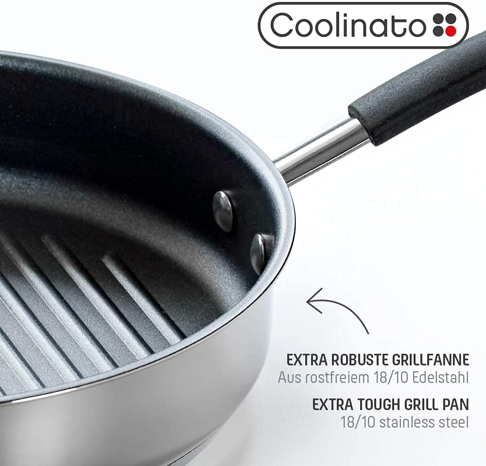 Coolinato Grillpfanne rund 26cm, Pfanne beschichtet für Induktion und andere Herde, Steakpfanne ofen