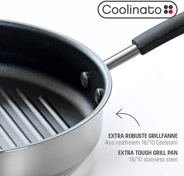 Coolinato Grillpfanne rund 26cm, Pfanne beschichtet für Induktion und andere Herde, Steakpfanne ofen