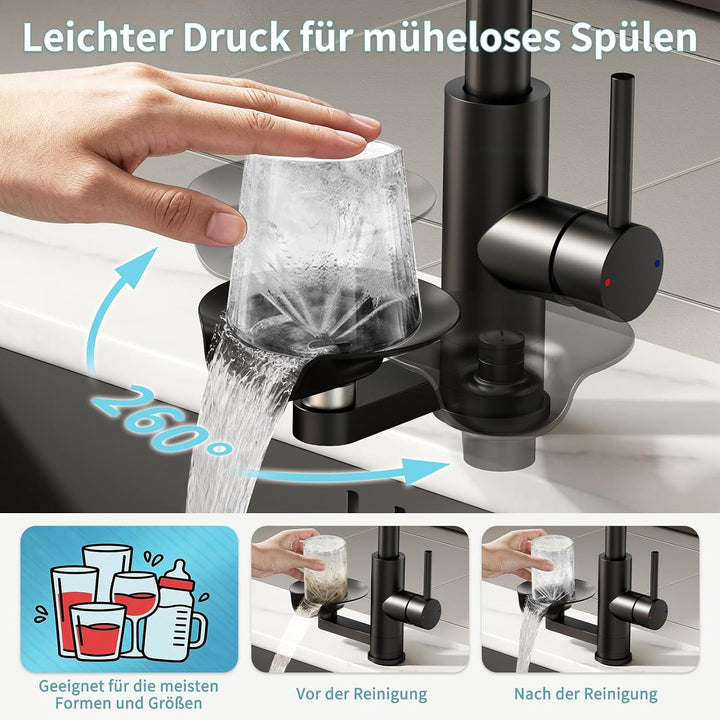 360° drehbarer Wasserhahn Küche ausziehbar mit Brause, wasserfall Mischbatterie Küche mit Gläserspül