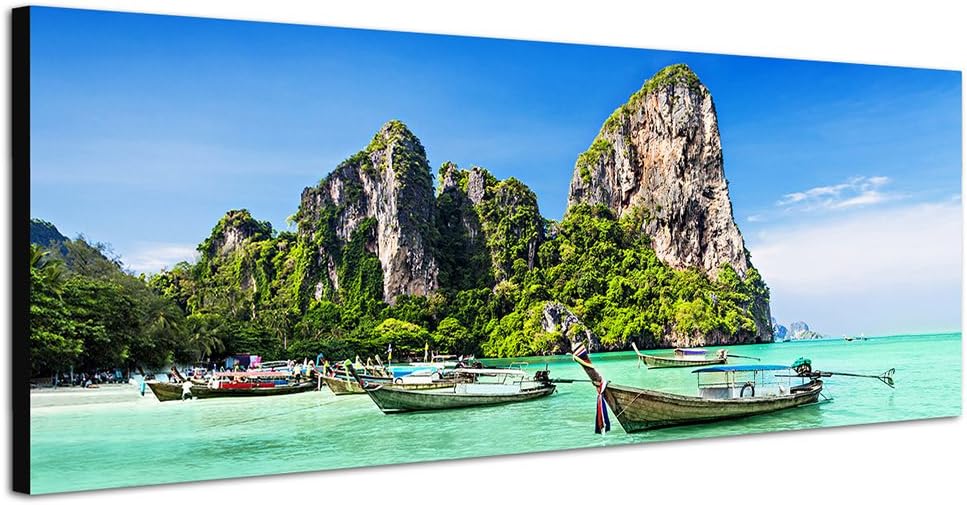 Paul Sinus Art Panoramabild auf Leinwand und Keilrahmen 150x50cm Thailand Meer Strand Felsen Boote