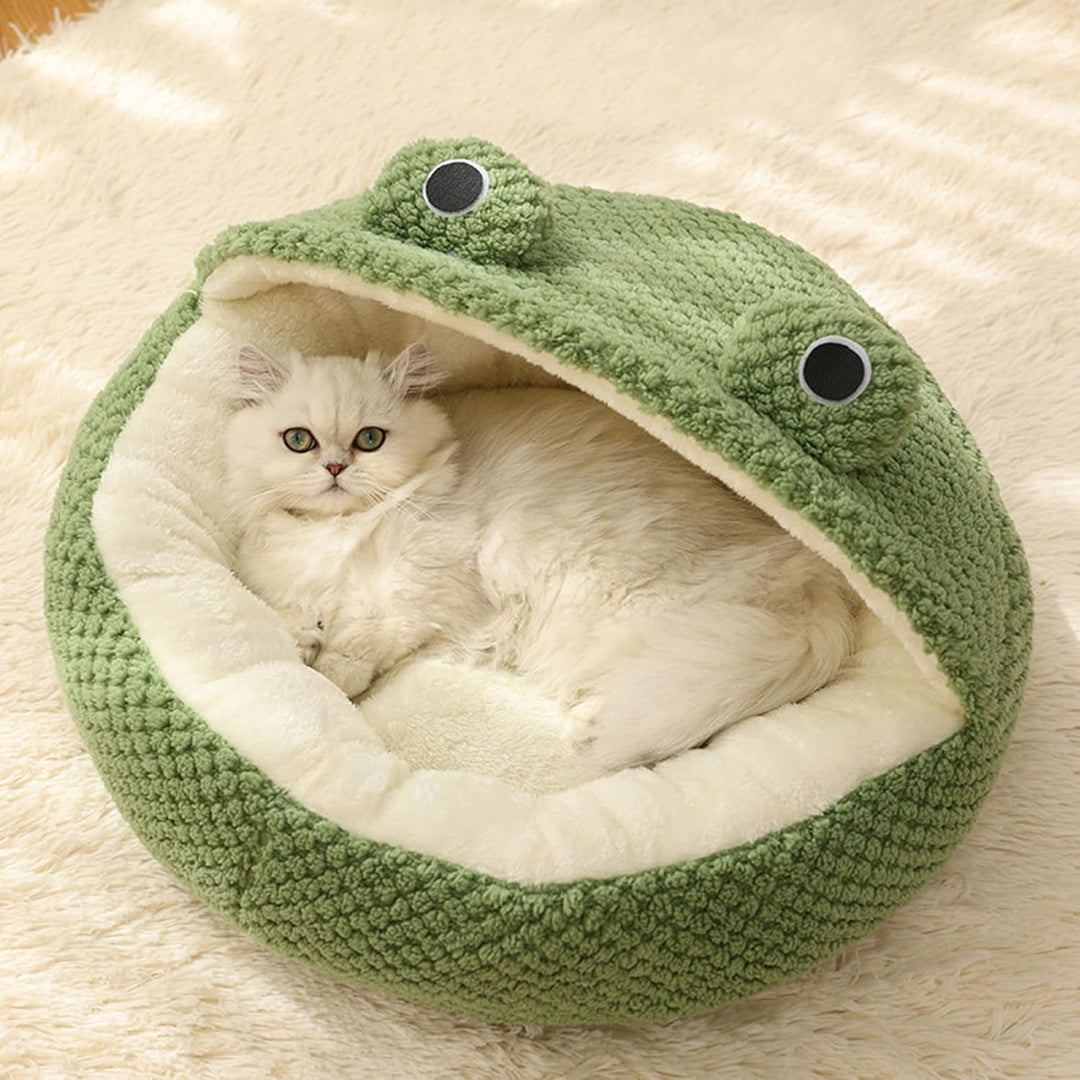Katzenbett Frosch lang Plüsch Winter Herbst Thermo süsses Cartoon-Haustierbett Abnehmbarer Einsatz w
