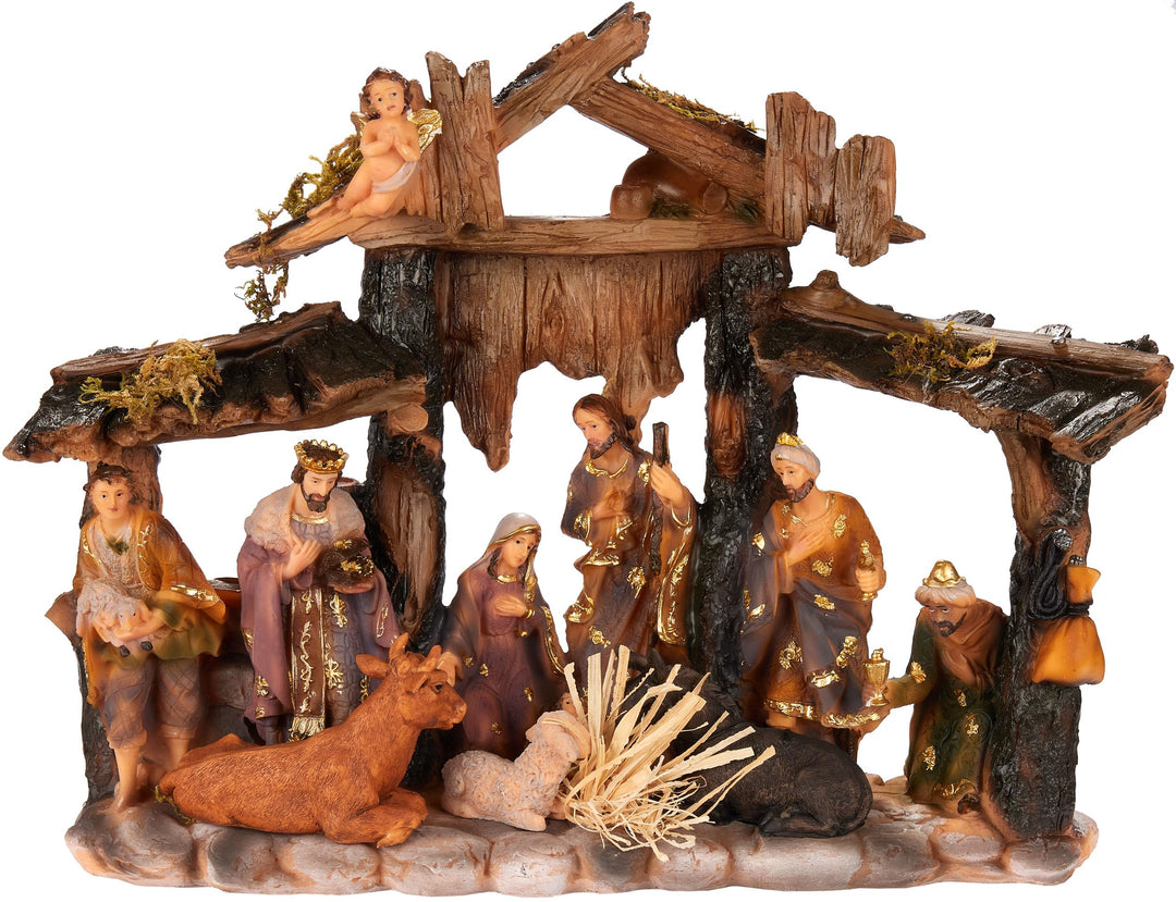 BRUBAKER Weihnachtskrippe - 34 cm Tischkrippe Weihnachtsfigur mit handbemalten Figuren Jesus, Maria,