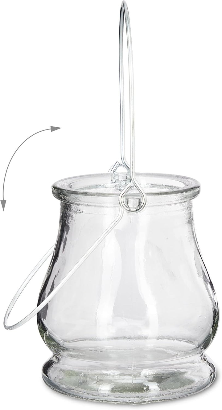 96 x Windlicht, aus Glas, Henkel zum Aufhängen, innen &amp; aussen, Teelichthalter, H x D: 10 x 8,5 cm,