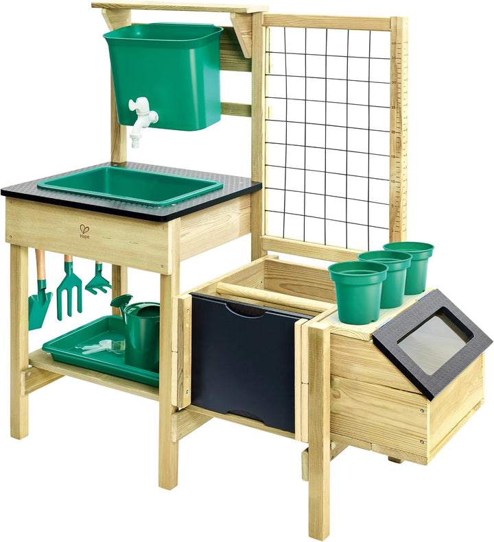 Hape Kinderpflanztisch aus Holz – Gartenspielzeug Set mit Pflanztagebuch, Giesskanne &amp; Werkzeug – Ho
