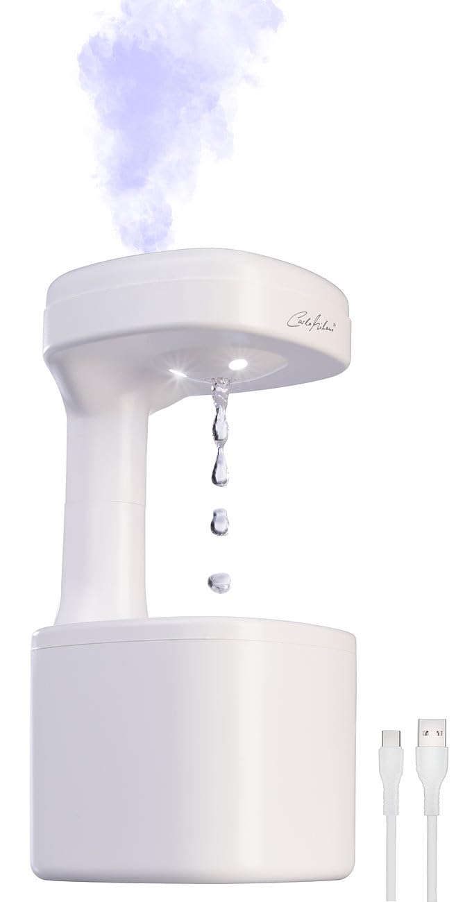 Carlo Milano Zimmerbrunnen: Antigravity-LED-Luftbefeuchter, USB-C, 500 ml Wassertank (Wassertropfen-