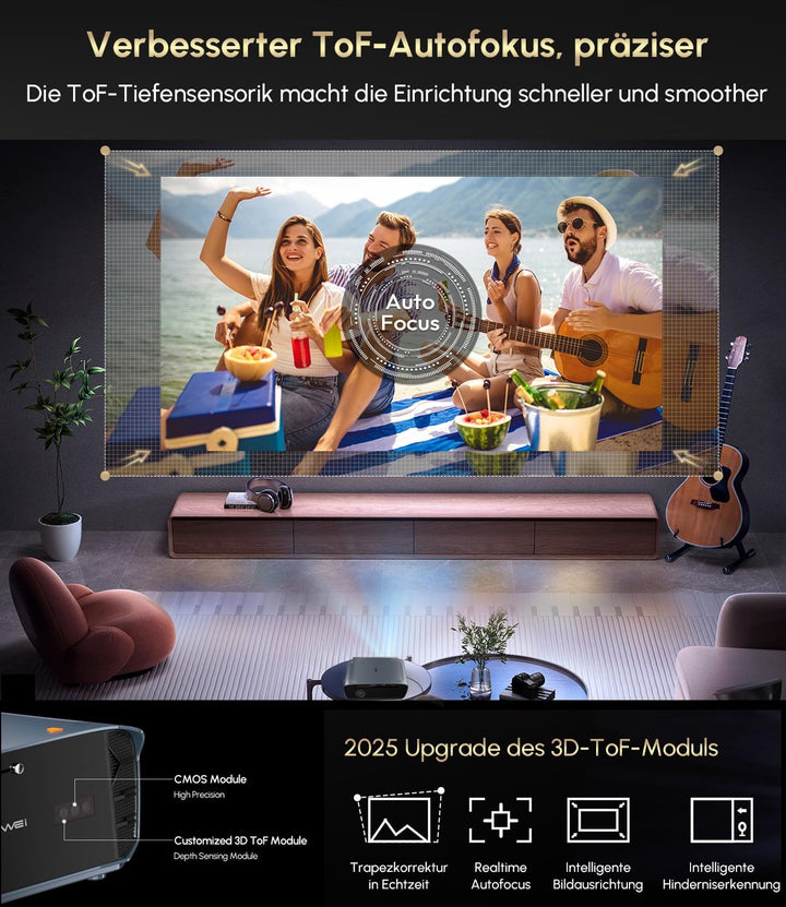 Beamer 4K mit Google TV, 2400 ANSI Tageslicht Beamer 4K Heimkino mit Tof AutoFokus DD+ HDR10+ AI Coo