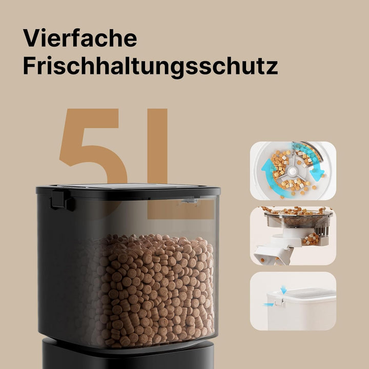 Futterautomat Katze, 5L Grosses Fassungsvermögen, 2.4GHz / 5GHz WiFi Smart Futterspender mit App Ste