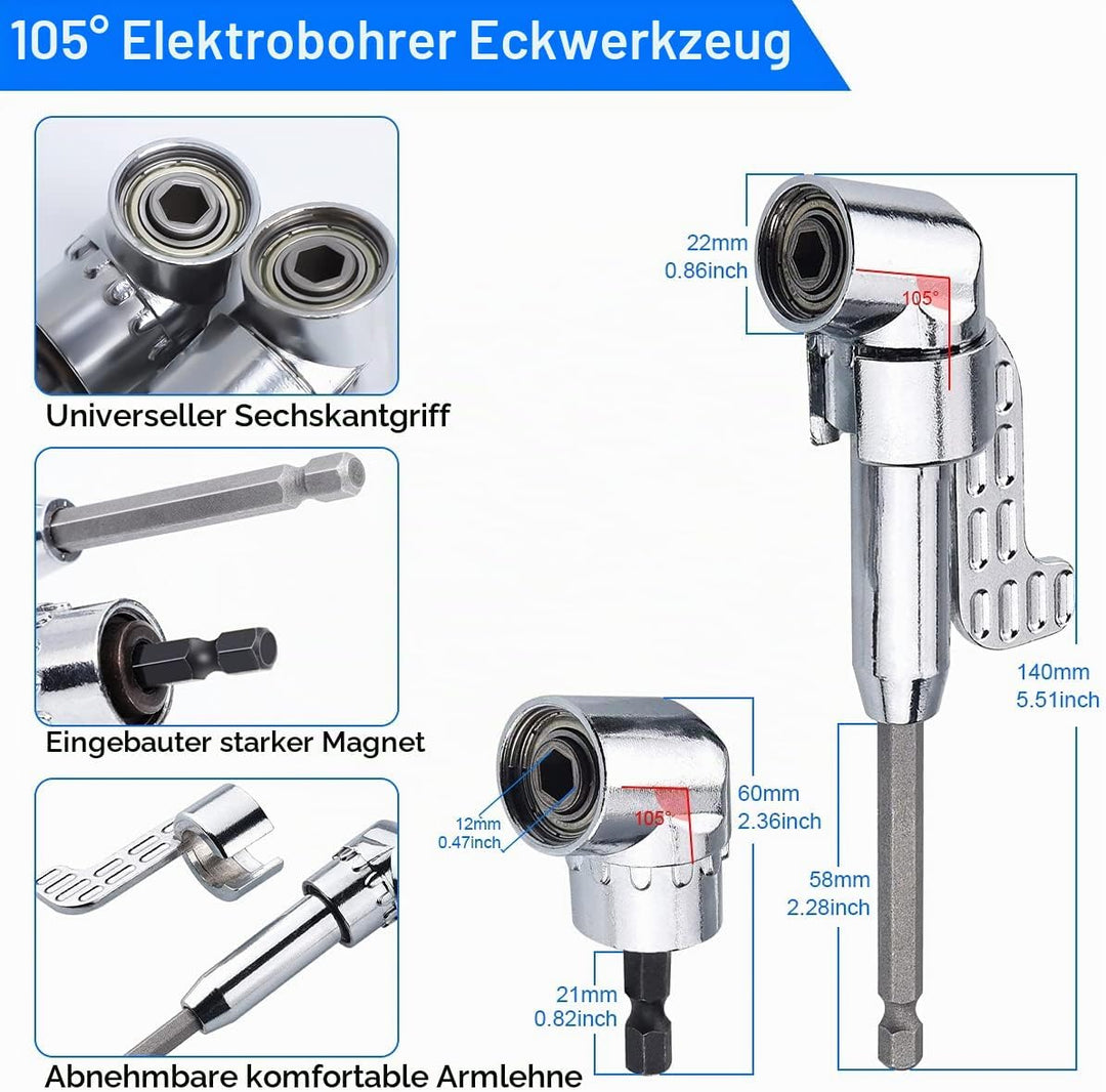 2pcs 105° Winkelaufsatz für Akkuschrauber Adapter, 3pcs 1/4 Sechskantschaft Verlängerungsstange, 1pc