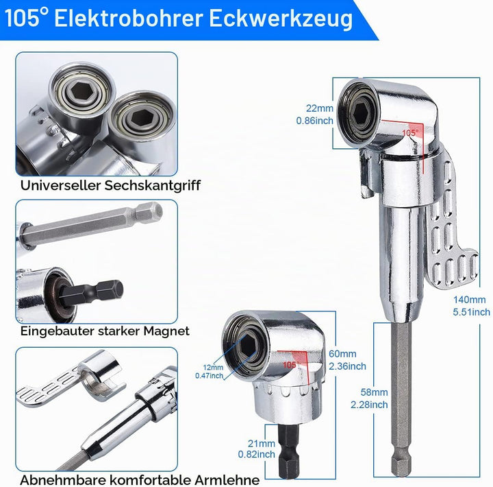 2pcs 105° Winkelaufsatz für Akkuschrauber Adapter, 3pcs 1/4 Sechskantschaft Verlängerungsstange, 1pc