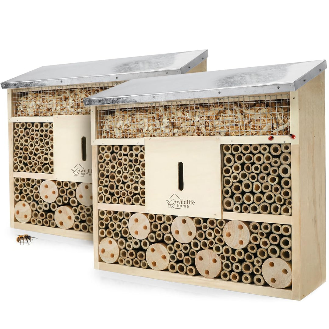 WILDLIFE HOME Bienenhotel Insektenhotel mit Metalldach - 2er Set I Unbehandelt, Bienenhaus aus Massi