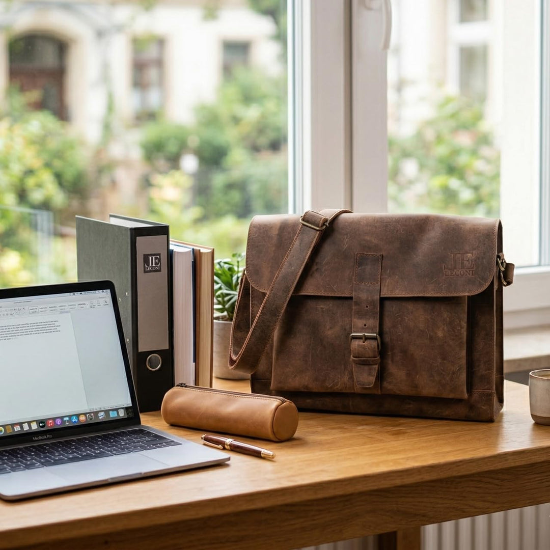 LECONI Messenger Bag DIN A4 Aktentasche Damen Herren Ledertasche Vintage Leder 38x29x11cm LE3054 Bra