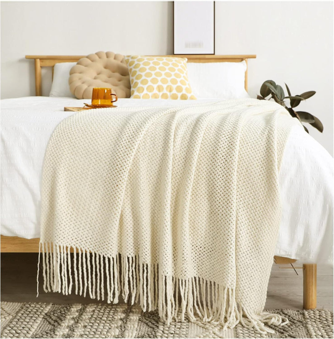 LumiSyne Strickdecke Mit Quaste Atmungsaktiv Zellulare Decke Nordisch Stil Weich Kuscheldecke Überwu