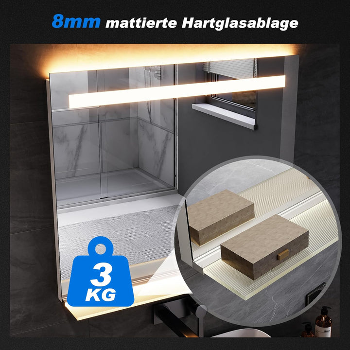 SONNI LED Badspiegel mit Ablage 120x75 cm, Touch Badezimmerspiegel mit Steckdose, 3 Lichtfarben, Ant