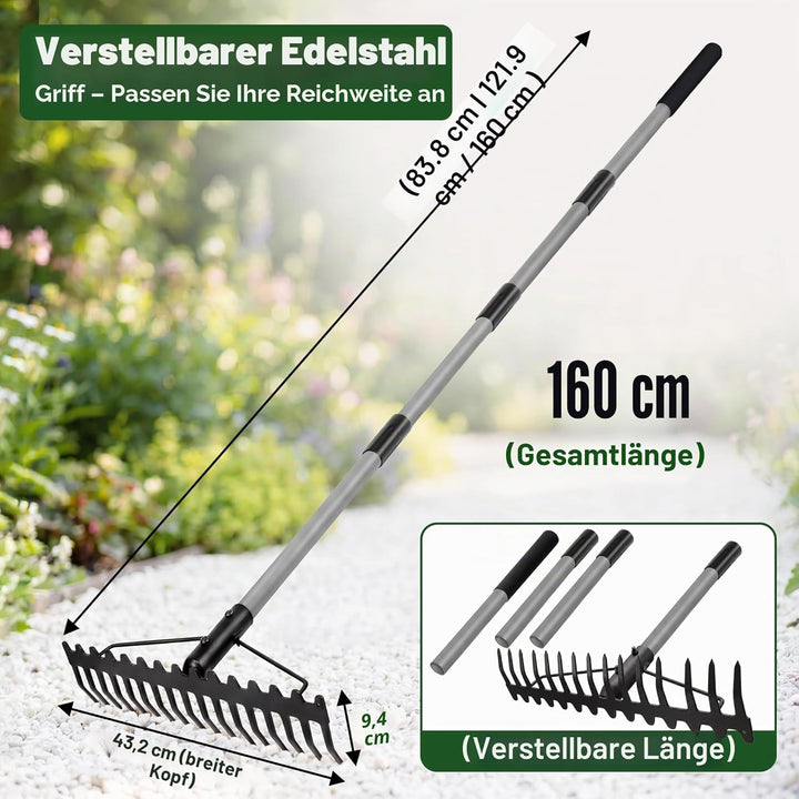 Walensee Garten Rechen, 165cm Metall Rechen , Harke mit 17 Stahlzinken, mit Edelstahlgriff, zum Lock