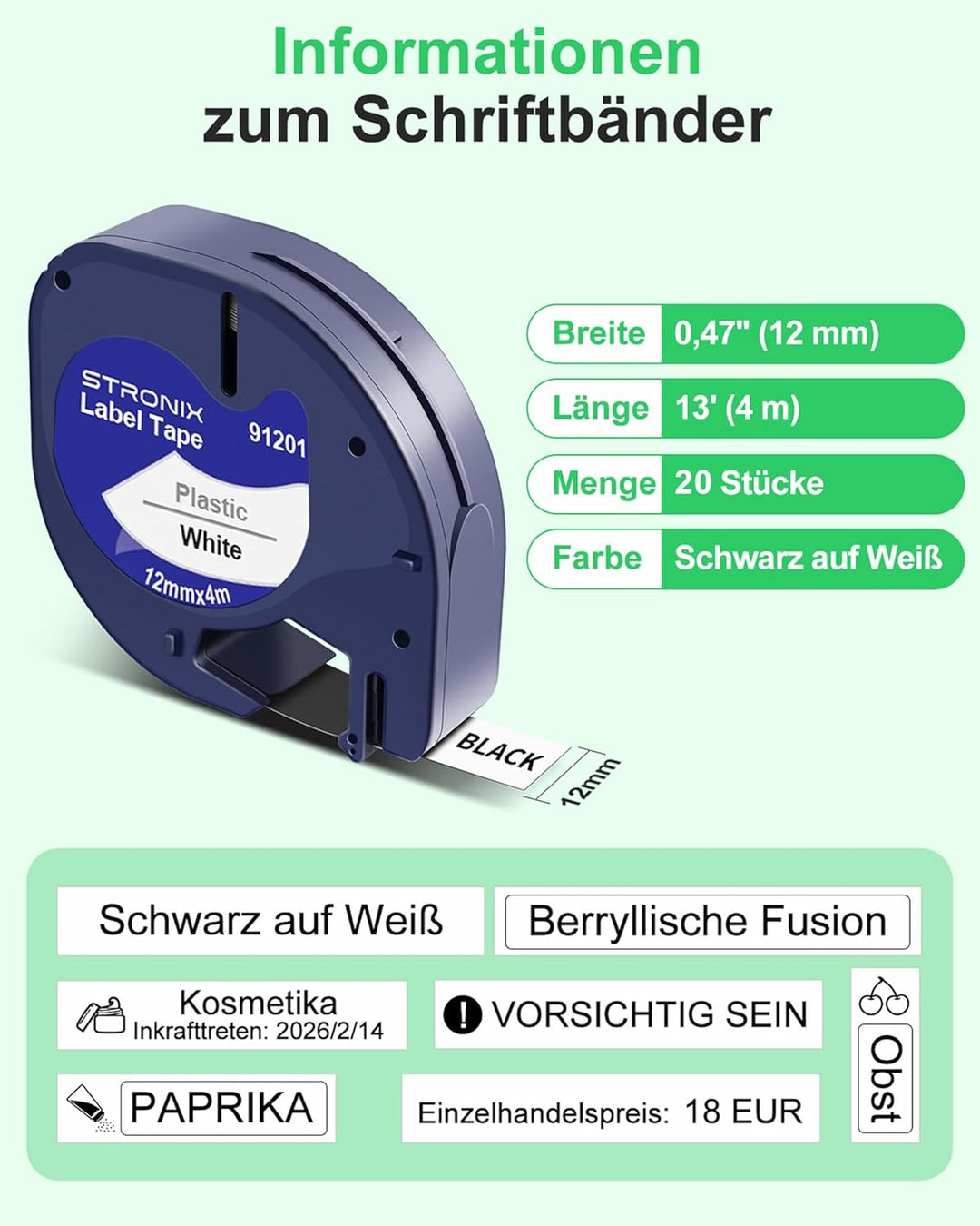 20x Kompatibel für Dyno Letra Tag Etikettenband 12mm x 4m Schwarz auf Weiss Schriftband 91221 S07216