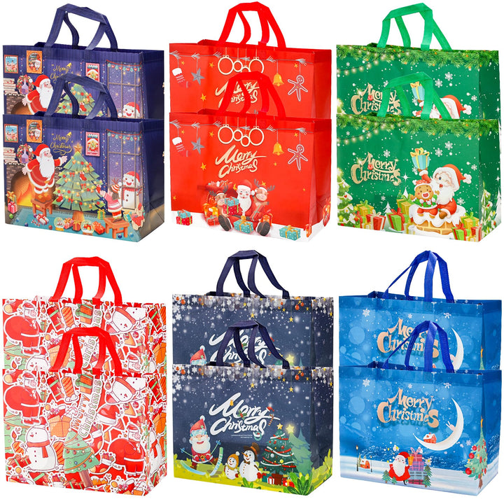 12 Stück Weihnachtstüten, Grosse Geschenktüten Weihnachten mit Griff, Wiederverwendbare Weihnachtsge