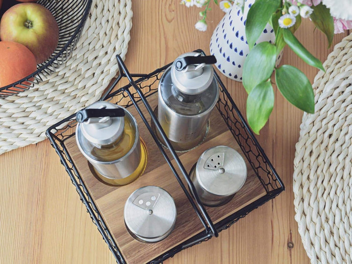 Sendez 5-tlg. Menage Set mit Korb Salz & Pfefferstreuer Ölspender Essigspender Edelstahl Glas