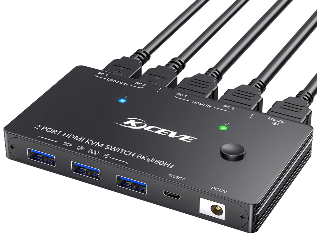 KVM Switch 2 PC 1 Monitor 8K@60Hz 4K@120Hz, USB 3.0 KVM Switch HDMI 2.1 HDCP 2.3 for 2 Computers tei