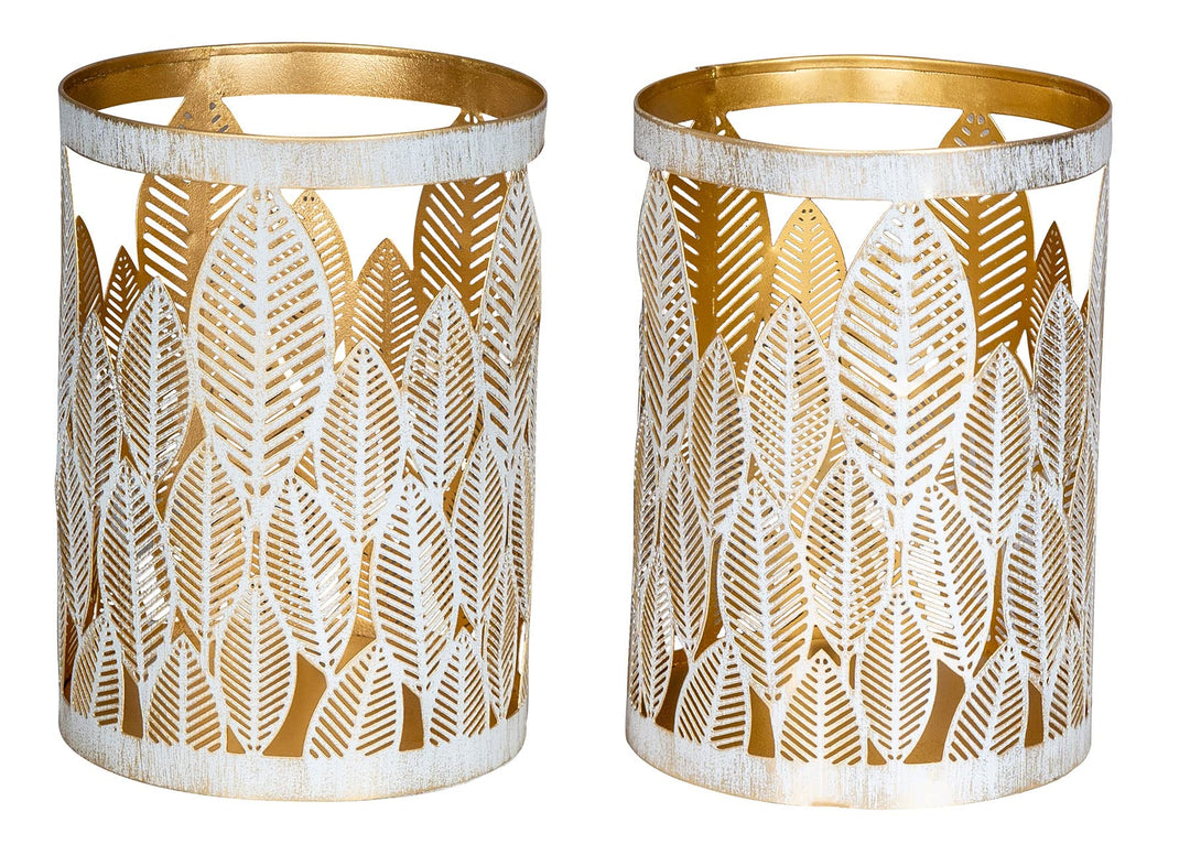 2er Set Windlicht 13x18cm Weiss Gold Metall Teelichthalter Blattdekor Blumendekor Tischdeko Industri